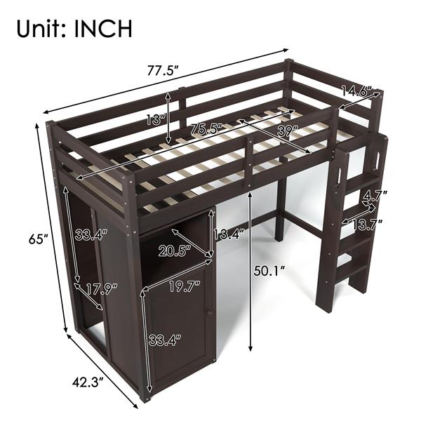 Twin Loft Bed with Wardrobe, Storage Shelves and Ladder, Espresso