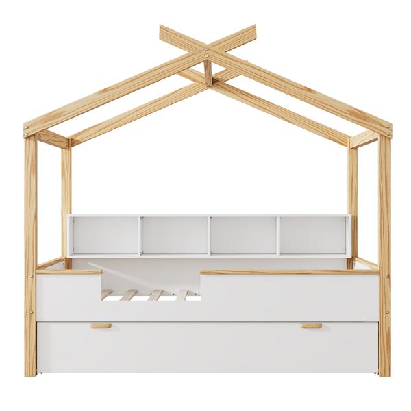 White Full Size Wooden House Bed with Original Wood Colored Frame Twin Size Trundle and Bookshelf Storage Space for Children or Guest Room