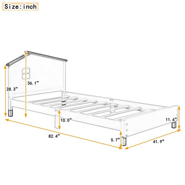 Twin Size Wood Platform Bed with House-shaped Headboard  (White+Gray)