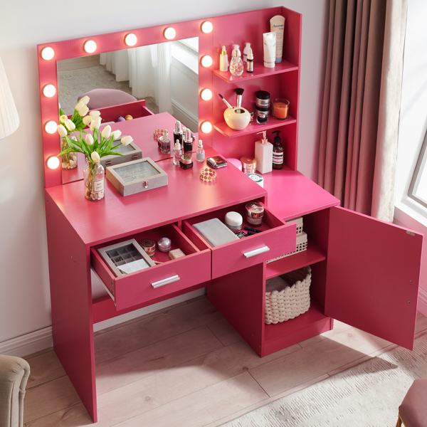 Vanity Desk with Mirror and Lights, 46.4IN Dressing Table with 2 Large Drawer&Large Vertical Organizer, 3 Level Dresser & 3 Lighting Modes Adjustable Brightness, Suitable for Bedroom(Rose Pink) 