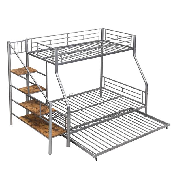 Twin over Full Size Metal Bunk Bed with Trundle and Storage Staircase, Silver