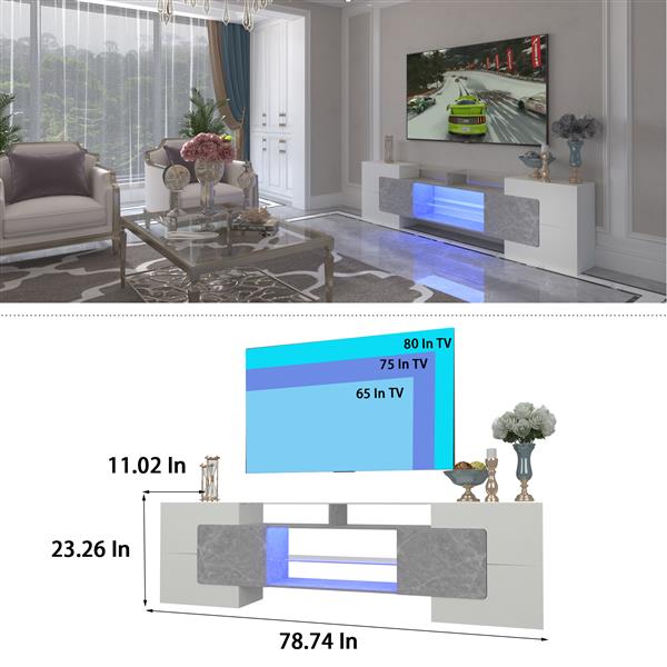 [Video] TV Console with Storage Cabinets, Long LED TV Stand Full RGB Color Selection, 31 Modes Changing Lights Modern Entertainment Center with 2 Tempered Glass Shelves (Grey/White, for 80 inches)