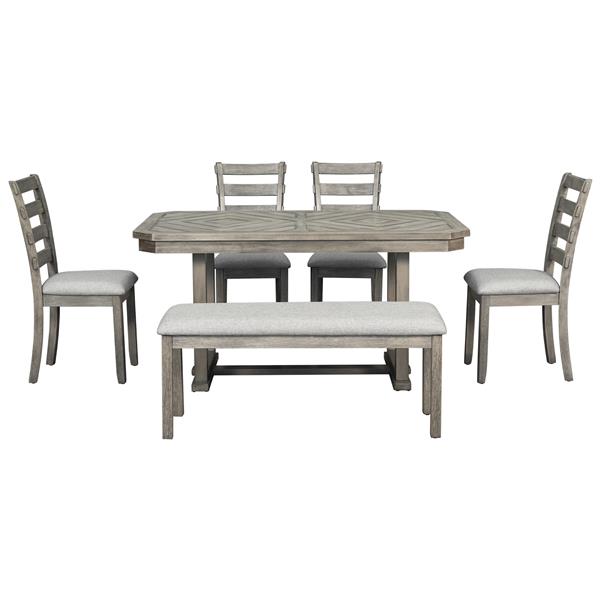 6-Piece Rubber Wood Dining Table Set with Beautiful Wood Grain Pattern Tabletop Solid Wood Veneer and Soft Cushion (Gray)