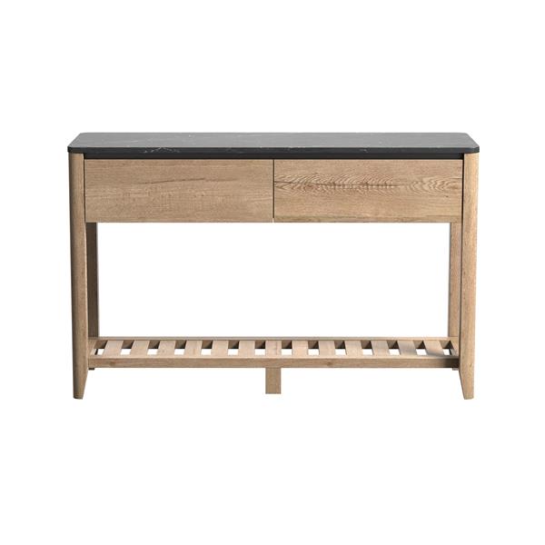 47 Inch Modern Farmhouse Double Drawers Console Table for Living Room or Entryway, Tobacco Wood and Black Marble Texture