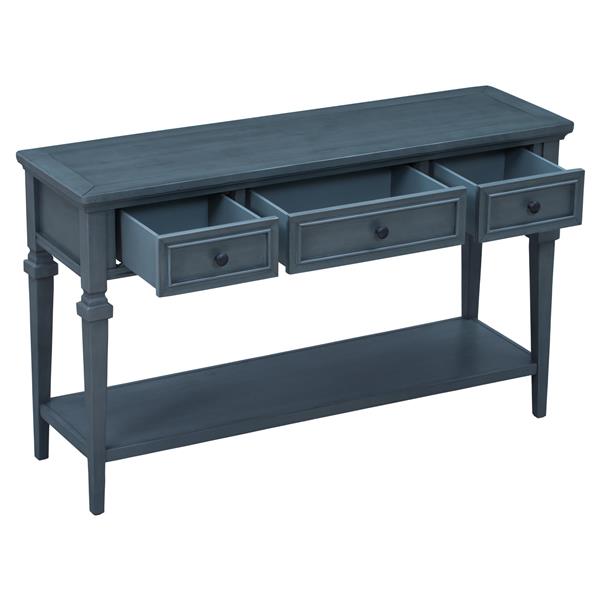 Classic Retro Style Console Table with Three Top Drawers and Open Style Bottom Shelf, Easy Assembly (Navy)