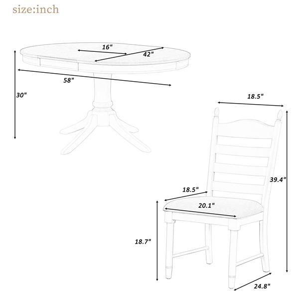 5-Piece Retro Functional Dining Table Set Wood Round Extendable Dining Table and 4 Upholstered Dining Chairs (Antique White)