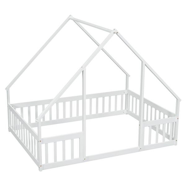 Full Wood House-Shaped Floor Bed with Fence, Guardrails,White