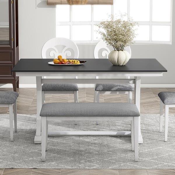 Mid-Century 6-Piece Trestle Table Set with Victorian Round Upholstered Dining Chairs and Long Bench, Gray+Antique White