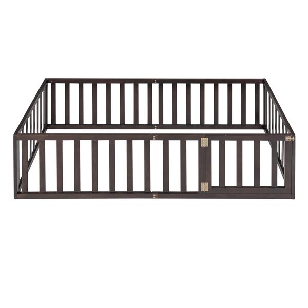 Twin Size Wood Floor Bed Frame with Fence and Door, Walnut(OLD SKU :WF289661AAL)