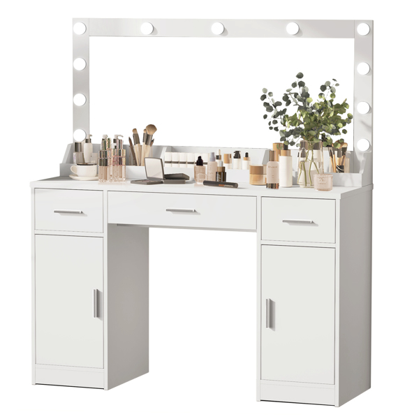 47.2"Vanity Desk with Large Mirror, 3 Colour Lighting Modes, Adjustable Brightness, Dresser with 3 Drawers & 2 Vertical Cabinets, Makeup Vanity Table for Women & Girls (White) 