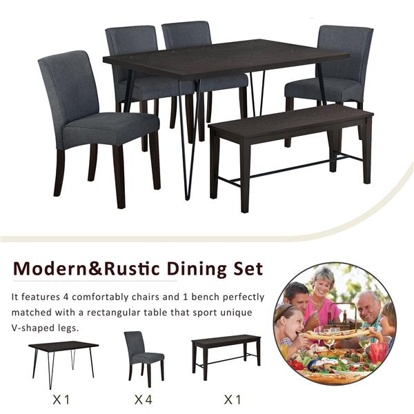 Modern 6-Piece Dining Table Set with V-Shape Metal Legs, Wood Kitchen Table Set with 4 Upholstered Chairs and Bench for 6,Espresso