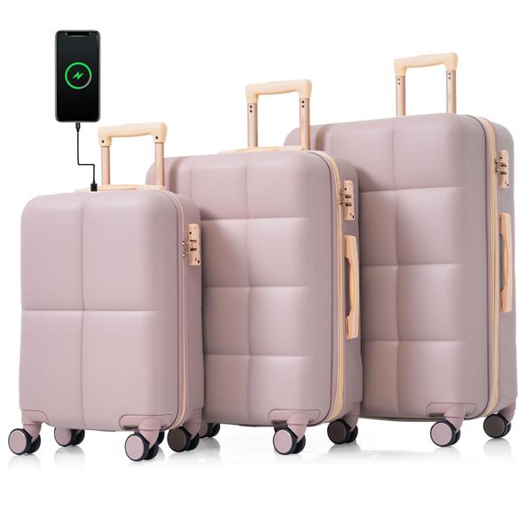 Luggage Set of 3, 20-inch with USB Port, Airline Certified Carry-on Luggage with Cup Holder, ABS Hard Shell Luggage with Spinner Wheels, RosyBrown 