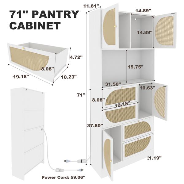 Storage Cabinet with Rattan Doors, Tall  Hutch Cabinet with Power Outlet,4 cabinet door and 4 Drawers& 1 Large Countertop, Buffet Drawer Cabinet door design