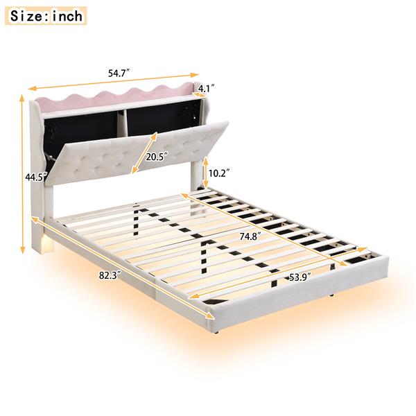 Full Size Upholstery Platform Bed Frame with LED Light Strips,Headboard Storage Space and Two USB Charging Deisgn,Beige