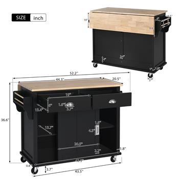 Kitchen Cart with Rubber wood Drop-Leaf Countertop, Concealed sliding barn door adjustable height,Kitchen Island on 4 Wheels with Storage Cabinet and 2 Drawers,L52.2xW30.5xH36.6 inch, Black