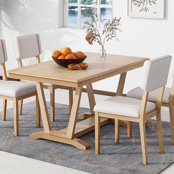 Rustic 5-piece Dining Table Set with 4 Upholstered Chairs, 59-inch Rectangular Dining Table with Trestle Table Base, Naural