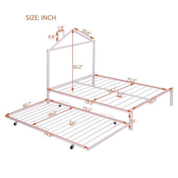 Full Size Metal Platform Bed with twin size trundle,House-Shaped Headboard Design, Pink