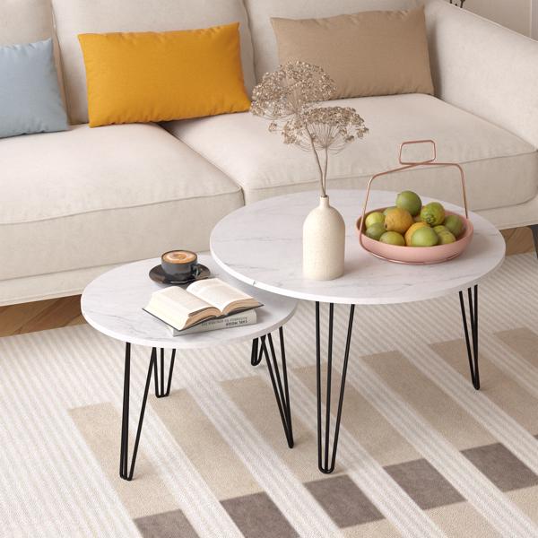 27.56'' Round Nesting Coffee Table Set of 2, Circular Nesting End Table Set, Round Marble Tabletop, and Sturdy Metal Base for Living Room, bedroom, White 