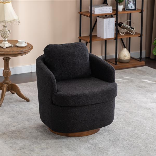 035-Boucle Fabric Swivel Chair With Soild Wood Round Brown Base Leg,Black