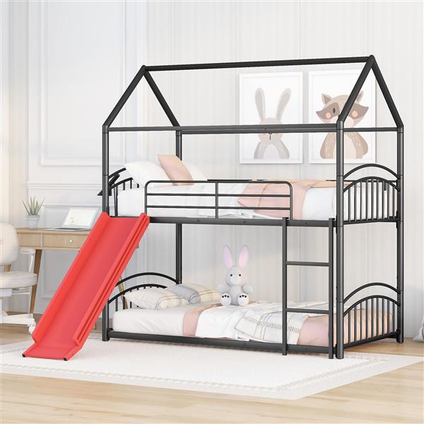 Twin Over Twin Metal Bunk Bed With Slide,Kids House Bed Black+Red