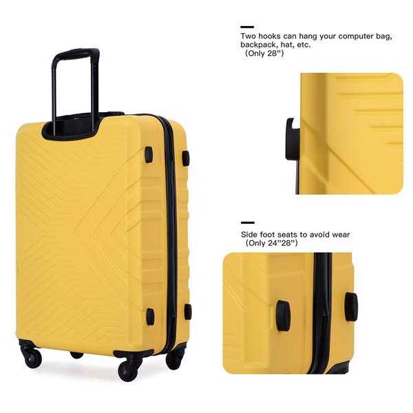 3 Piece Luggage Sets ABS Lightweight Suitcase with Two Hooks, Spinner Wheels, TSA Lock, (20/24/28), Yellow