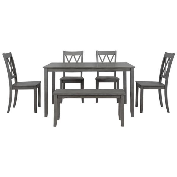 6-piece Wooden Kitchen Table set, Farmhouse Rustic Dining Table set with Cross Back 4 Chairs and Bench,Antique Graywash