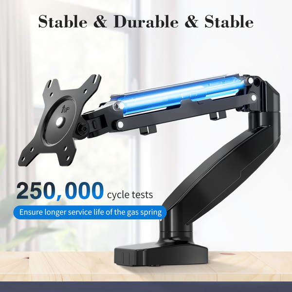 The monitor arm is adjustable for desktop mount and fits 15-27 inch monitors with weight capacities up to 15.4 pounds, black 