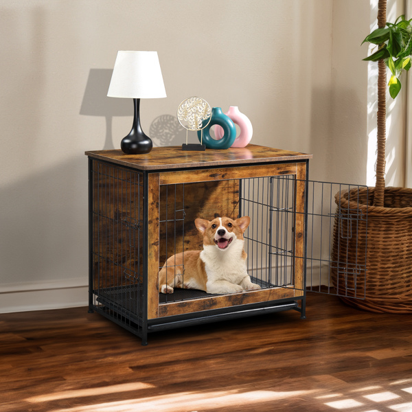 Dog Crate Furniture with Cushion, Wooden Dog Crate Table, Double Doors Dog Furniture, Indoor Dog Kennel, Dog House, Dog Cage, Rustic Brown