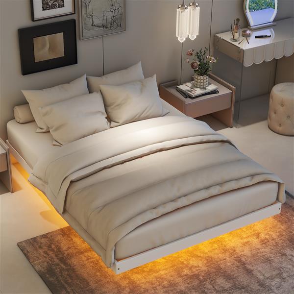 Full Size Floating Bed with LED Lights Underneath,Modern Full Size Low Profile Platform Bed with LED Lights,White