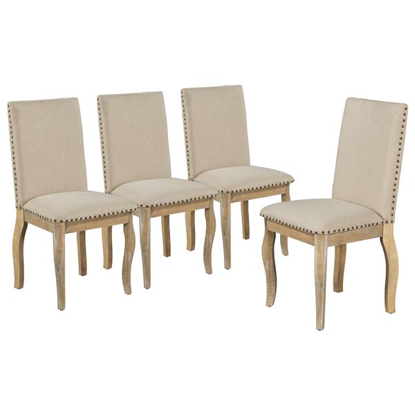 Set of 4 Dining chairs Wood Upholstered Fabirc Dining Room Chairs with Nailhead (Natural Wood Wash)