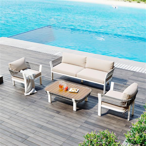 4-Piece Outdoor Patio Conversation Set with Coffee Table and Soft Waterproof Cushions for Garden, Poolside and Backyard(Gray Rope+Beige Cushion)