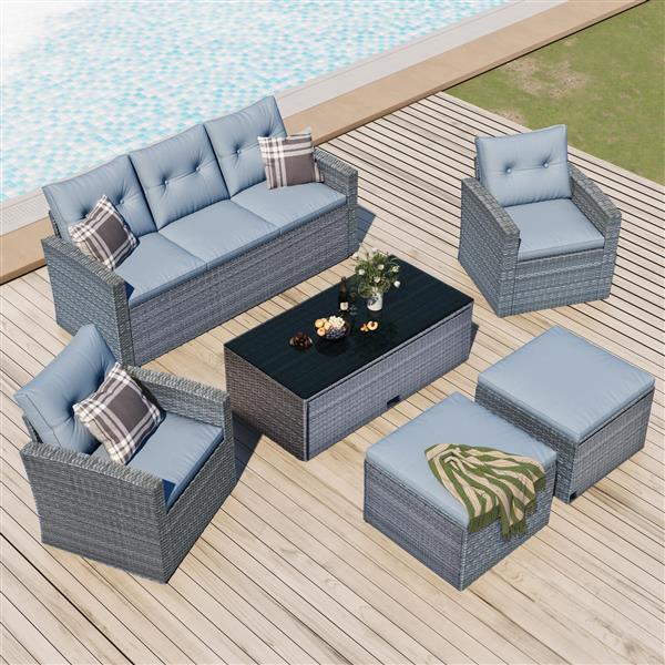 6-piece All-Weather Wicker PE rattan Patio Outdoor Dining Conversation Sectional Set with coffee table, wicker sofas, ottomans,  removable cushions (Dark grey wicker, Light grey cushion)