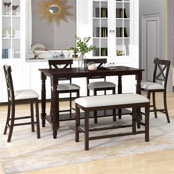 6-Piece Counter Height Dining Table Set Table with Shelf 4 Chairs and Bench for Dining Room (Espresso)