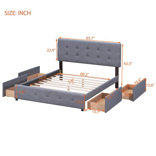 Upholstered Platform Bed with Classic Headboard and 4 Drawers, No Box Spring Needed, Linen Fabric, Queen Size Dark gray