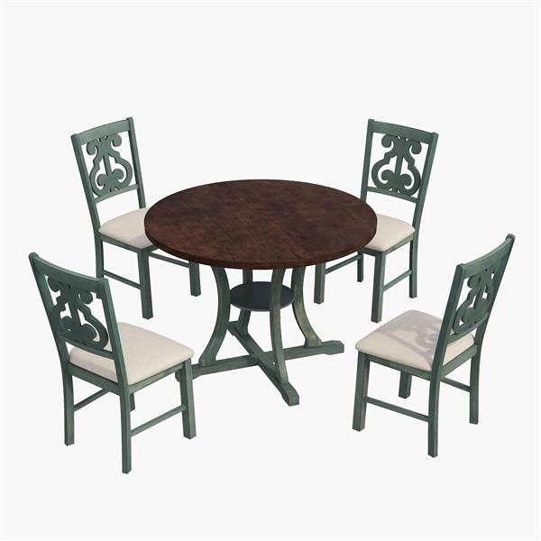 5-Piece Round Dining Table and 4 Fabric Chairs with Special-shaped Table Legs and Storage Shelf (Antique Blue/ Dark Brown)