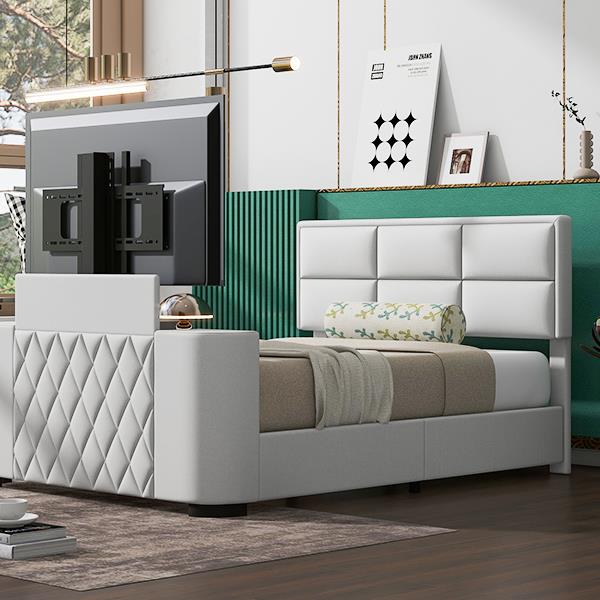 Queen Size Upholstery TV Platform Bed Frame with Height- adjustable Headboard and Support Legs,Beige