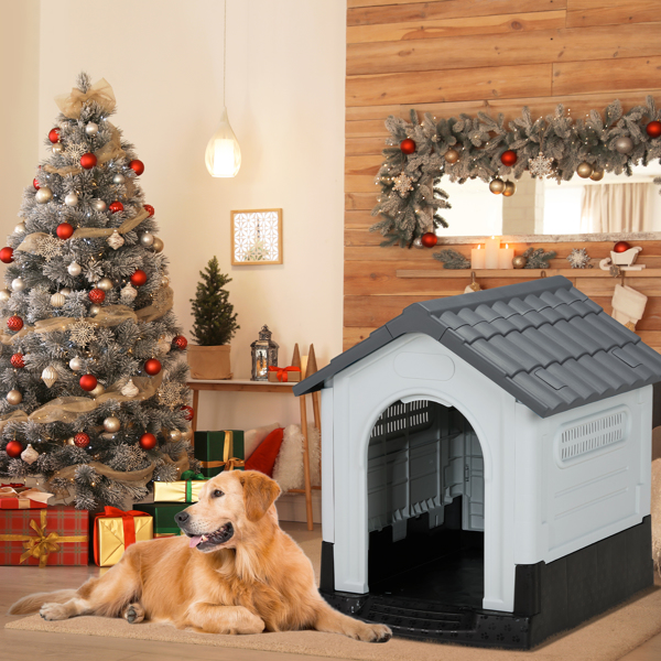 33 inch Large Plastic Dog House, Indoor Outdoor Doghouse Pet House with Air Vents and Elevated Floor, Insulated Water Resistant Puppy Shelter Kennel, Gray & White