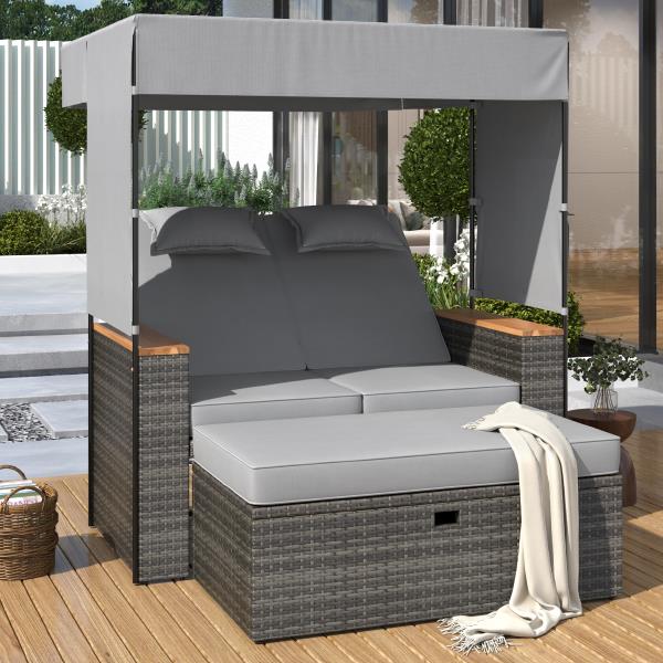 2-Piece Rattan Outdoor Patio Bench Lounge Roof Set, Effective UV Protection Fabric & Waterproof Cushions and Adjustable Backrest for Garden, Backyard and Porch (Grey Wicker + Grey Fabric)