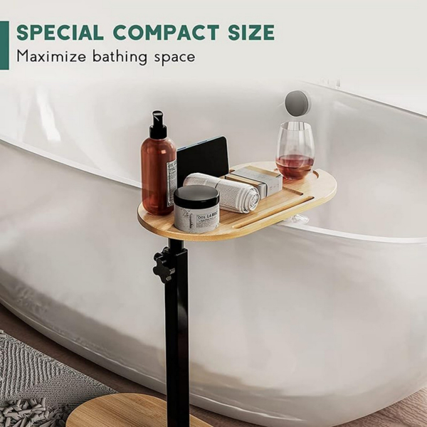 Adjustable height bamboo bathtub tray table, freestanding bathtub caddy tray for wall mounted bathtubs, bathtub side table for luxurious bathtubs, family hydrotherapy, and home heating