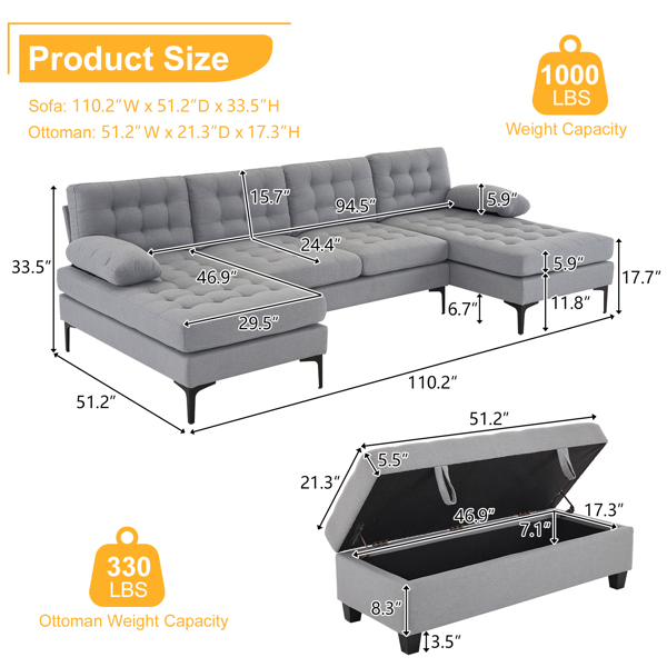 110 inch Sleeper Sectional Sofa Set with Storage Ottoman, U-Shaped 4-Seat Sofa Couch for Living Room, Light Grey ﻿