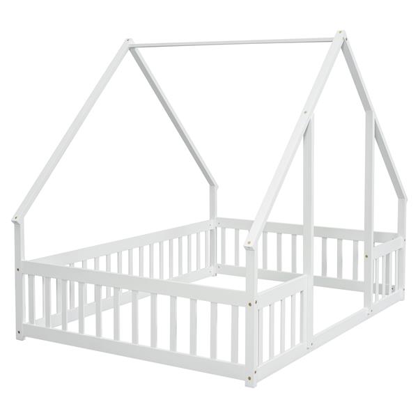 Full Wood House-Shaped Floor Bed with Fence, Guardrails,White