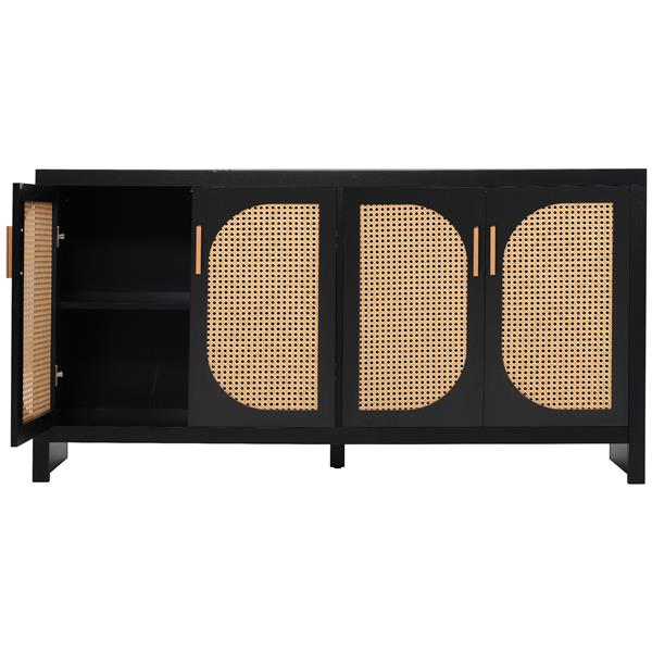 Modern TV Stand for 65-inch TV with Rattan Doors, Adjustable Shelves and Metal Handles for Living Room, Black