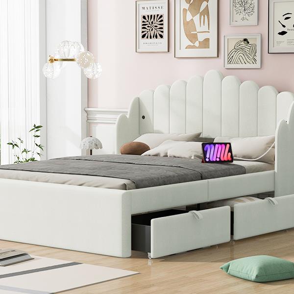 Full Size Upholstered Platform Bed with 4 Drawers and 2 USB, Beige