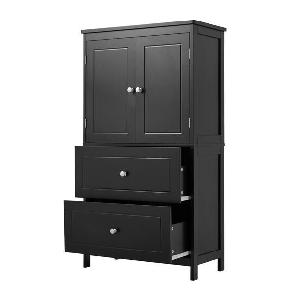 Bathroom Storage Cabinet, Cabinet with Two Doors and Drawers, Adjustable Shelf, MDF Board, Black 