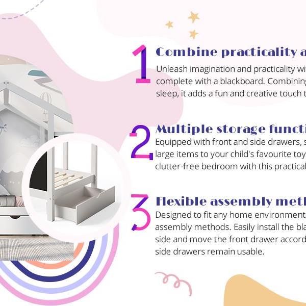 Full House Bed with Blackboard and Drawers, Two assembly options, White