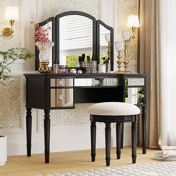 43" Dressing Table Set with Mirrored Drawers and Stool, Tri-fold Mirror, Makeup Vanity Set for Bedroom, Black