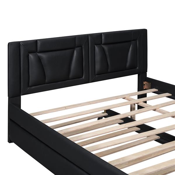 Queen Size Upholstered Platform Bed with Headboard and Twin Size Trundle, Black