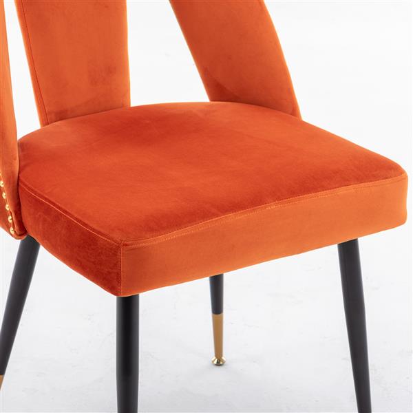 Furniture, Collection Modern | Contemporary Velvet Upholstered Dining Chair with Nailheads and ld Tipped Black Metal Legs, Orange，Set of 2