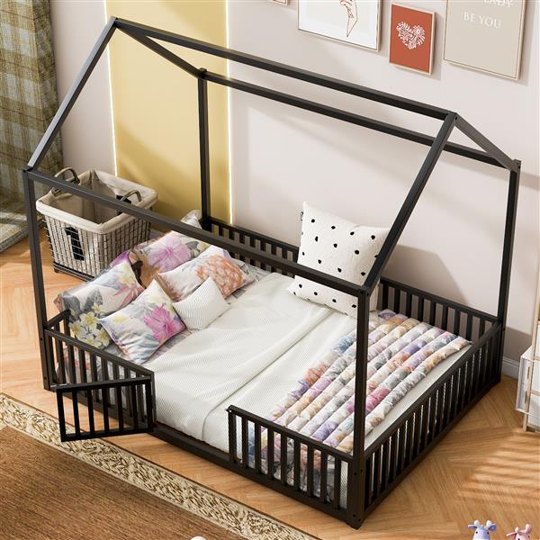 Full Size Metal House Bed with Fence and Door, Black