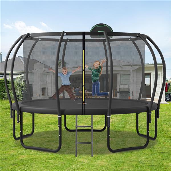 14FT Trampoline for Kids with Upgraded ArcPole and Composite TopLoop for Safety Enclosure, Plus Basketball Board and 10 Ground Stakes, Outdoor Recreational Playset Balance Physical Training Trampoline